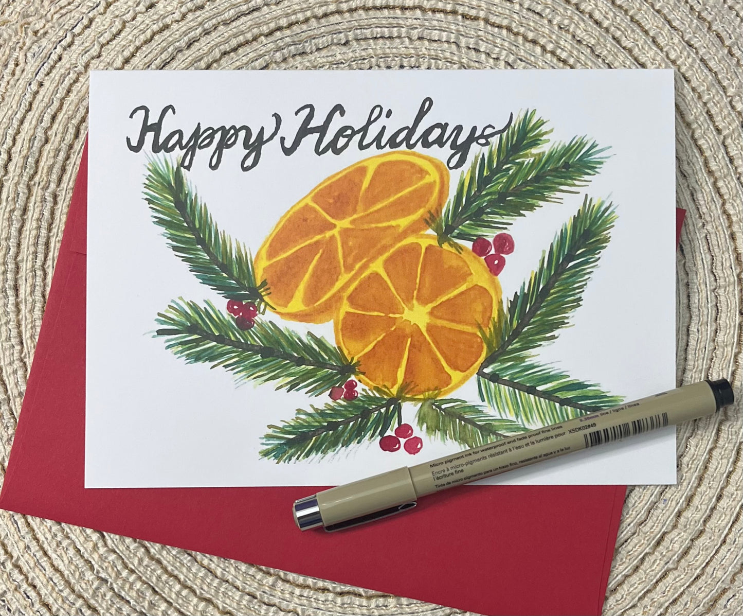 Christmas Card Evergreens and Orange