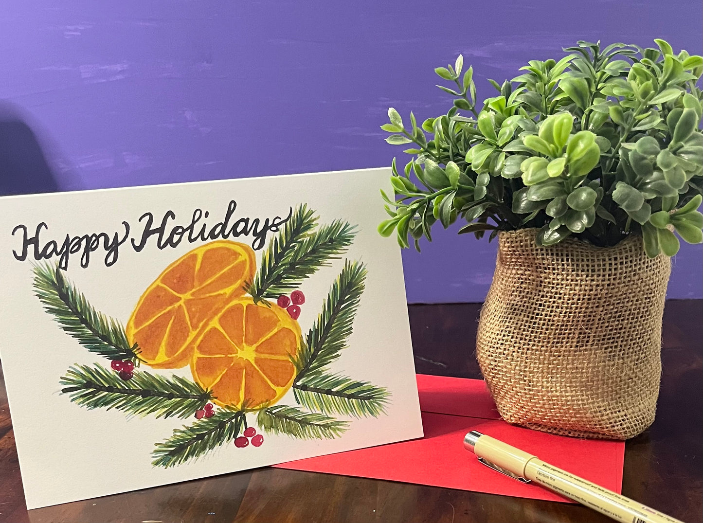 Christmas Card Evergreens and Orange